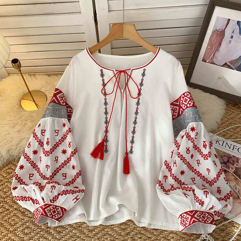 Thumbnail: New Women's Bohemia Blouse Embroidered Autumn Spring O-neck Collar Bow Tie Lante