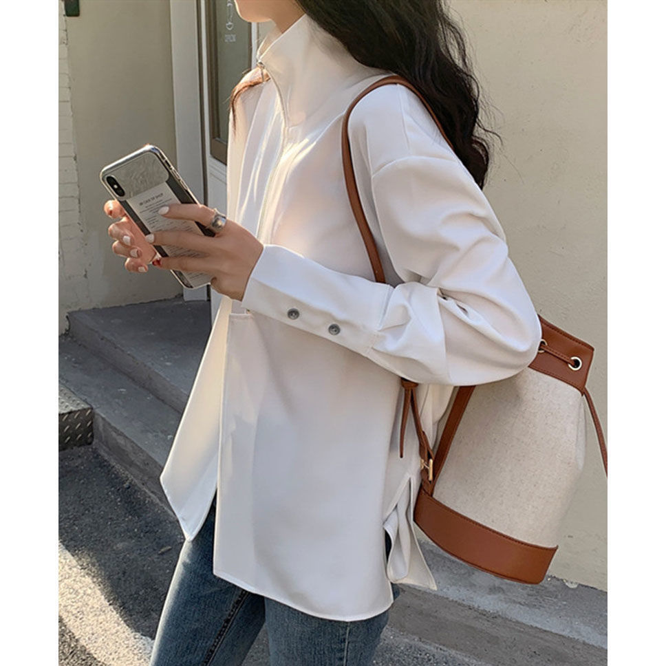 Thumbnail: Women Blouse Long Sleeve Stand Collar Zipper Closed Tops Female Solid Color Orig