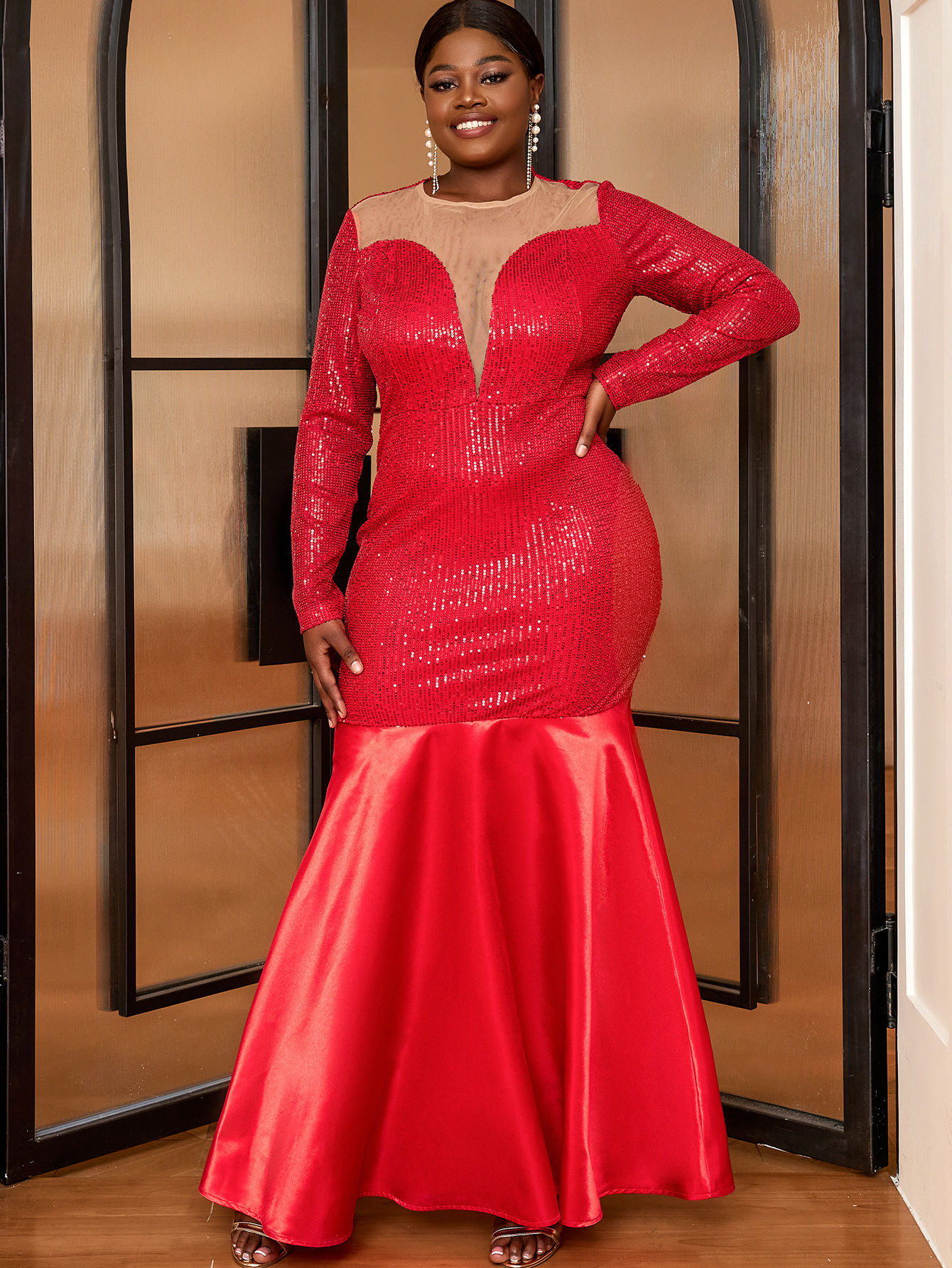 Evening Dress Women Elegant Luxury Sequin Long Sleeve Tulle V Neck Mermaid Maxi