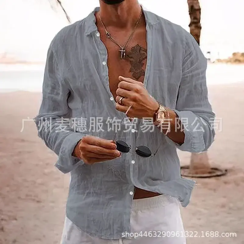 Thumbnail: 2025 Men's Cotton Linen Shirts Top Simple Laple Solid  Man Shirts Tops Comfortab