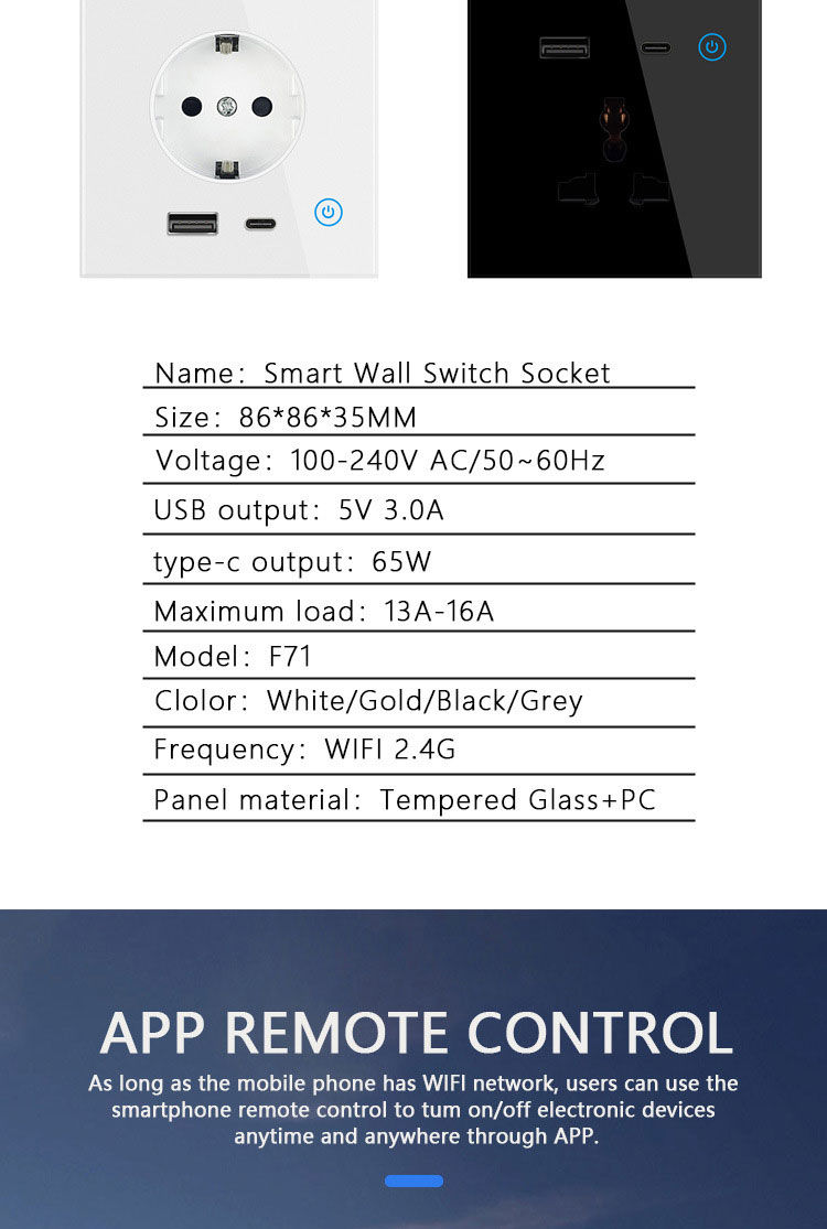 Thumbnail: 86 Type E-Micro WiFi Tuya Smart Home Eu Standard USB + Type-c 65W Fast Charging 