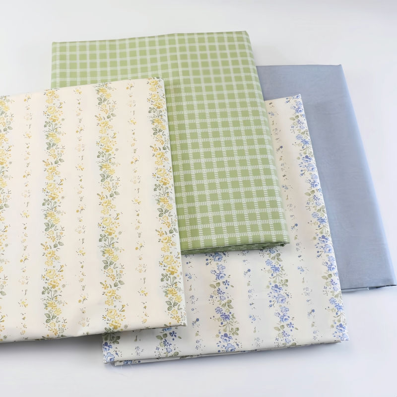 Premium Cotton Bedding Set with Stripes Fabric, Floral and Checkered Patterns Cl