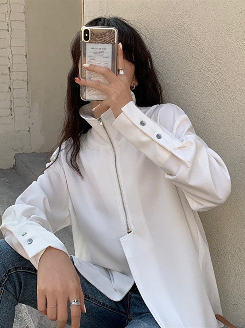 Thumbnail: Women Blouse Long Sleeve Stand Collar Zipper Closed Tops Female Solid Color Orig