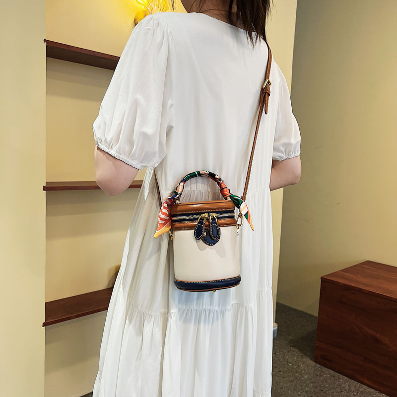 Thumbnail: Colorblock Shoulder Cylinder Bucket Bag, Scarf Decor Top Handle Bag, Stylish Cro