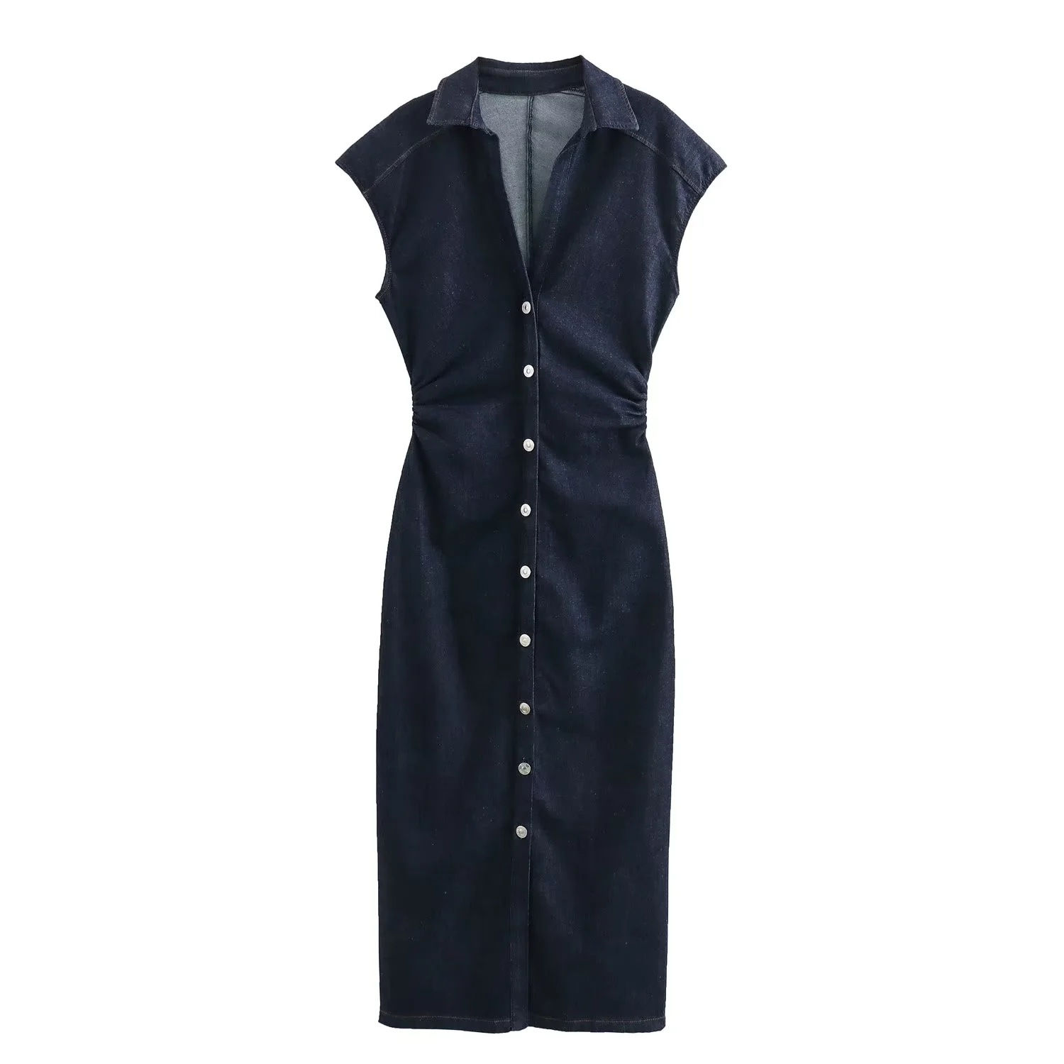 2025 Summer Denim Slim Long Dress Women Chic V Neck Single Breasted Short Sleeve