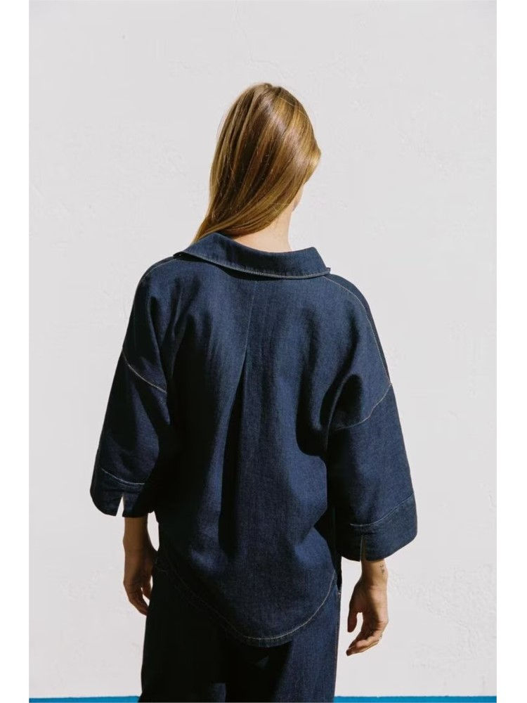 Thumbnail: Women's denim wide sleeved shirt spring style lapel women's shirt with buttons w