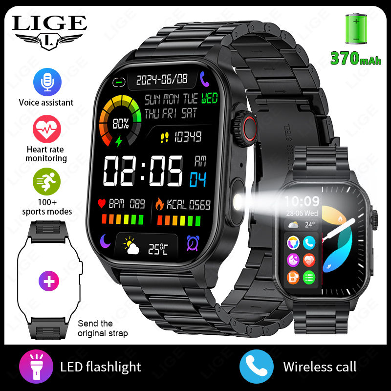 Thumbnail: LIGE New Men Smart Watch Flashlight 2.01" HD Large Screen AI Voice Bluetooth Cal