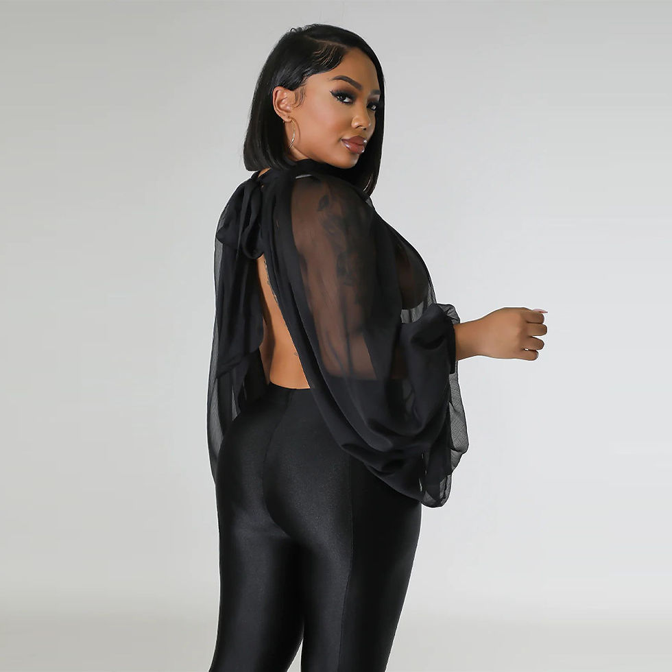 Thumbnail: Womens Chiffon Blouse Sexy See Through Lantern Sleeve Front Back Open High Neck 