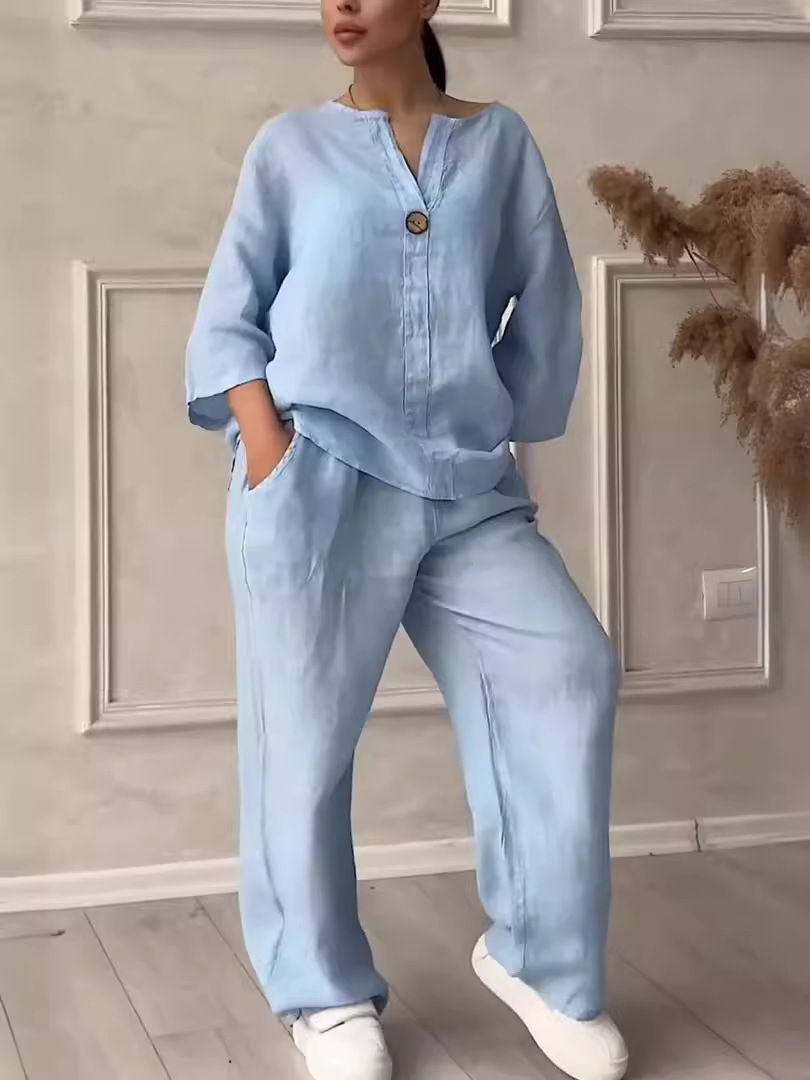 Thumbnail: Women's Cotton and Linen Pants Suit Casual Solid Color Pullover Pants 2-piece Se