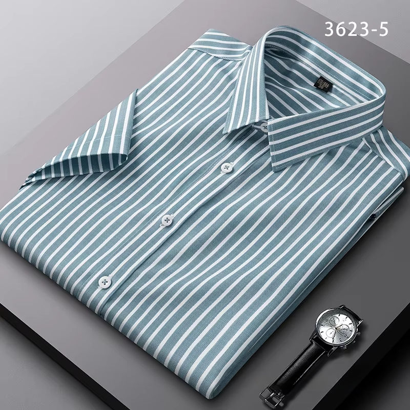 Thumbnail: summer striped short sleeve shirts for men thin elatic social slim fit formal sh
