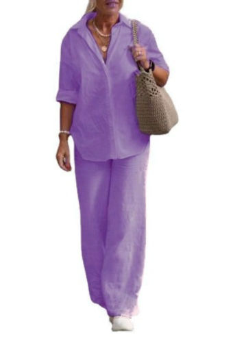 Thumbnail: Elegant Women's Suits Female Cotton Linen Solid Shirt Two Piece Set For Women Lo