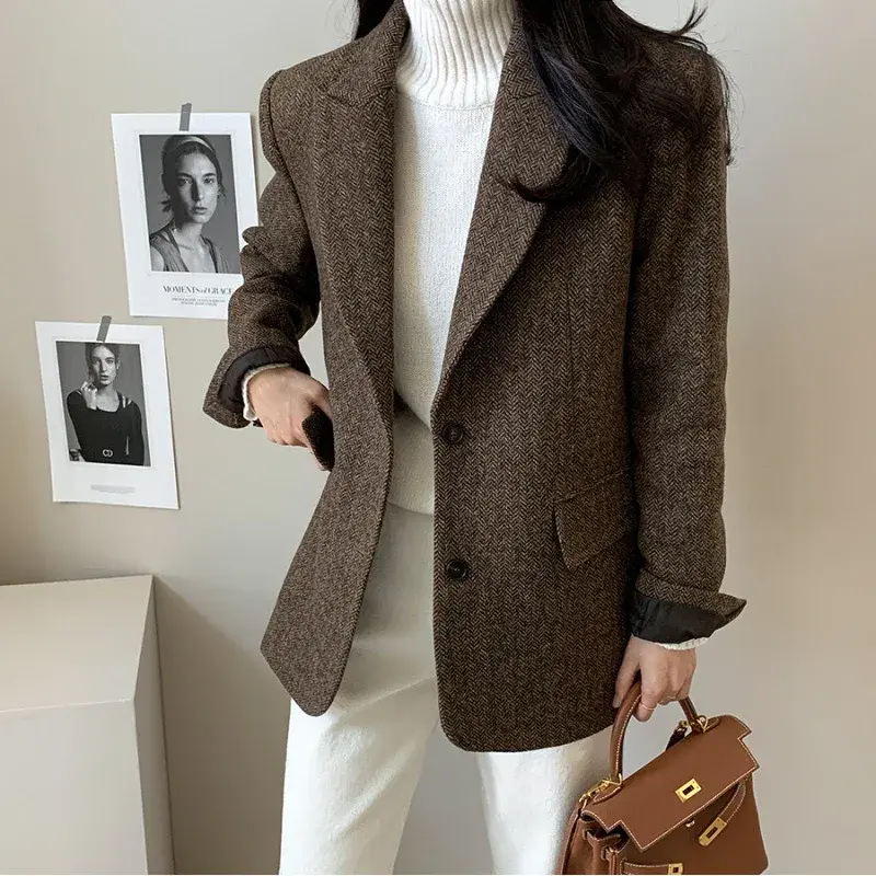 Thumbnail: Wool Loose Women Blazer 2023 New Fashion Office Ladies Button Up Turn Down Colla