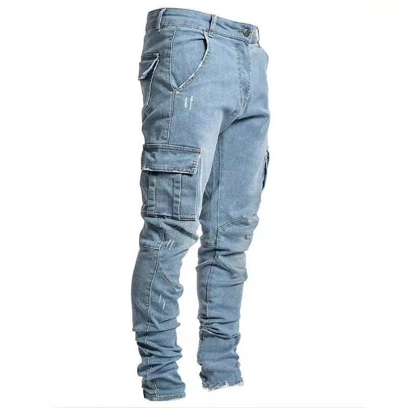 Thumbnail: Men Street Elastic Denim Jeans Wash Solid Color Multi Pockets Cargo Pants Casual