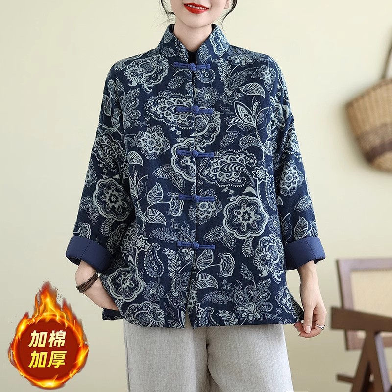 Thumbnail: Ethnic Style Cotton And Linen Thick Warm Clothing Retro Loose Fit Winter Buttone