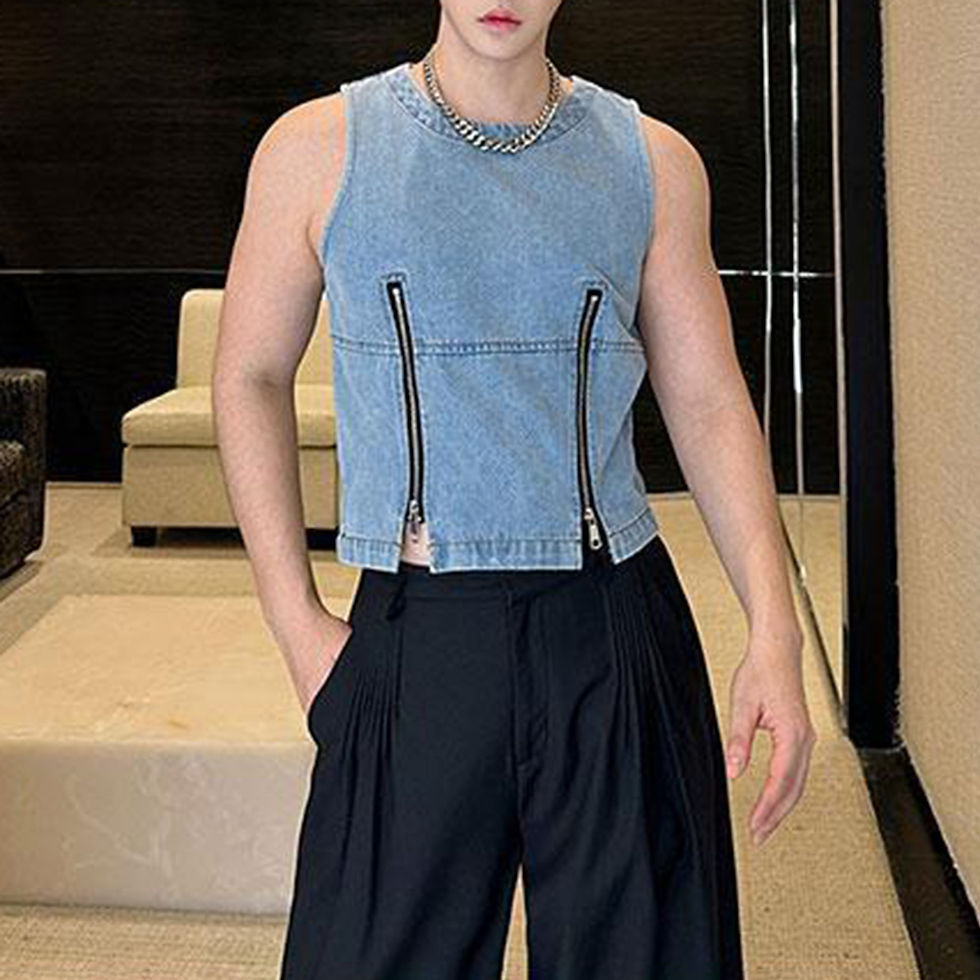 Thumbnail: Mens Denim Vest Double Zipper Casual Short Vest Niche Personality Streetwear Ver