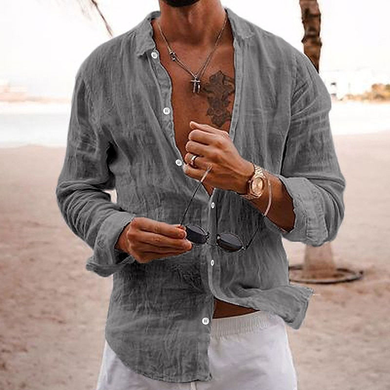 Thumbnail: 2025 Men's Cotton Linen Shirts Top Simple Laple Solid  Man Shirts Tops Comfortab