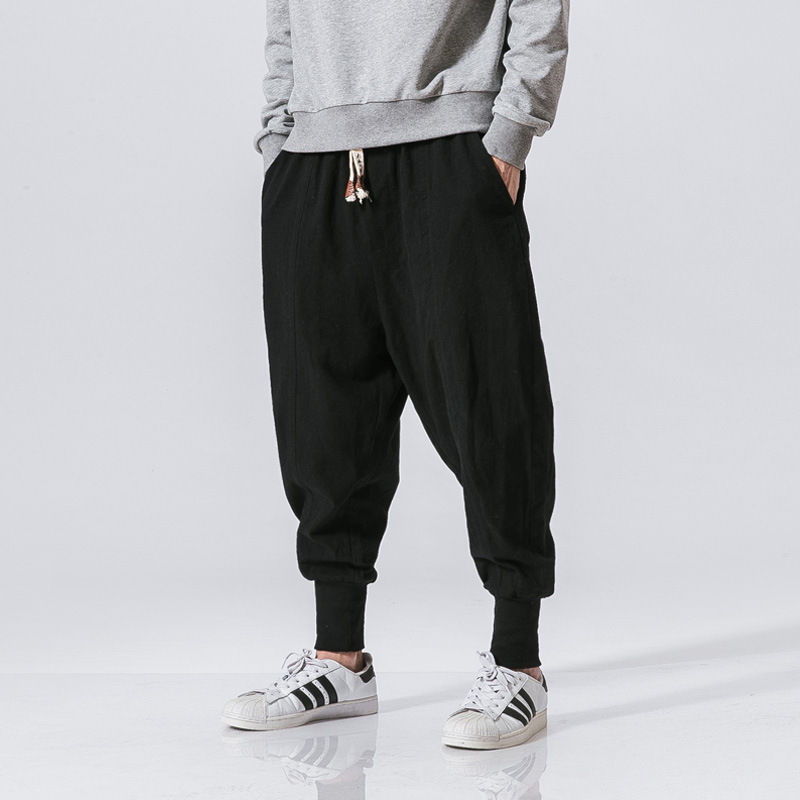 Thumbnail: Cotton Linen Harem Pants Men Solid Elastic Waist Streetwear Joggers 2024 New Bag