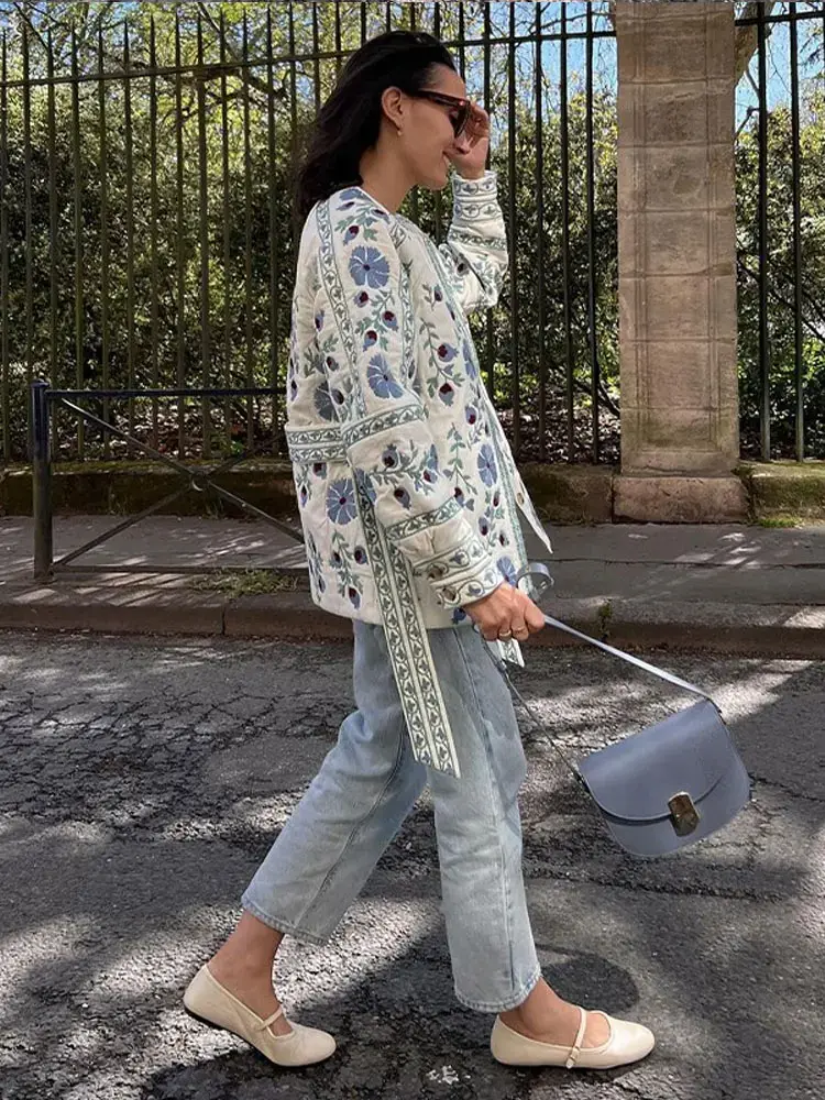 Thumbnail: Printed Lace Up Belt Cotton Coat Jacket Single Breasted Casual Loose Waist Cinch