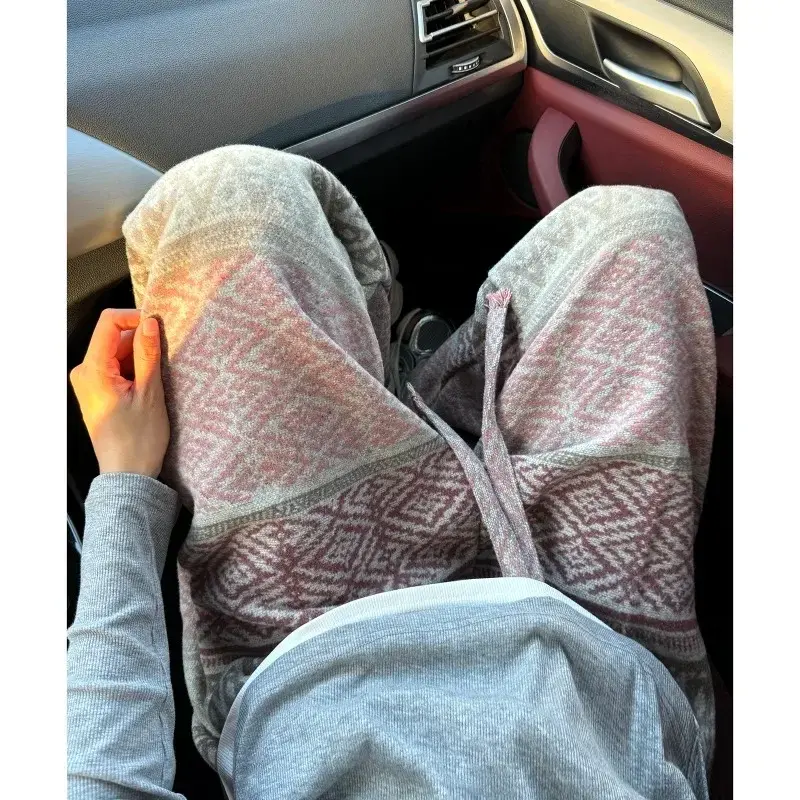 Thumbnail: Hippie Pattern Knitted Slacks Men's Autumn Winter New Straight Baggy Pants Plaid