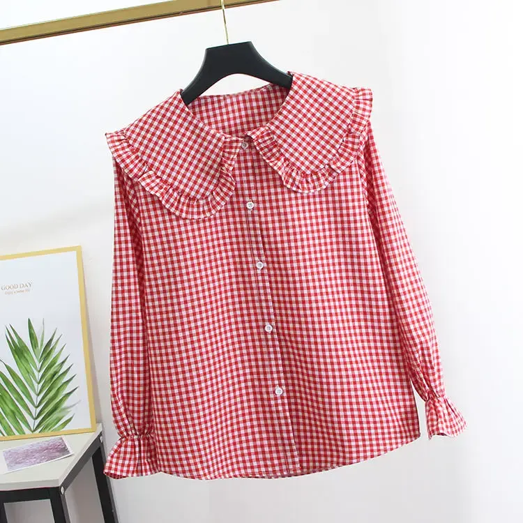 Thumbnail: Women Blouse Spring Black  White Plaid Long Sleeve Loose-Fitting Shirt Coat Top 
