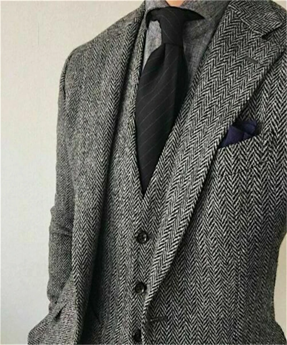 Regular Brown Mens Suits Slim Fit Herringbone Tweed Wool Blend Check Wedding Tux