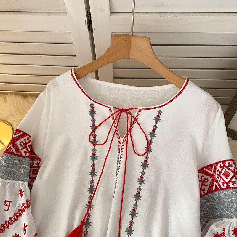 Thumbnail: New Women's Bohemia Blouse Embroidered Autumn Spring O-neck Collar Bow Tie Lante