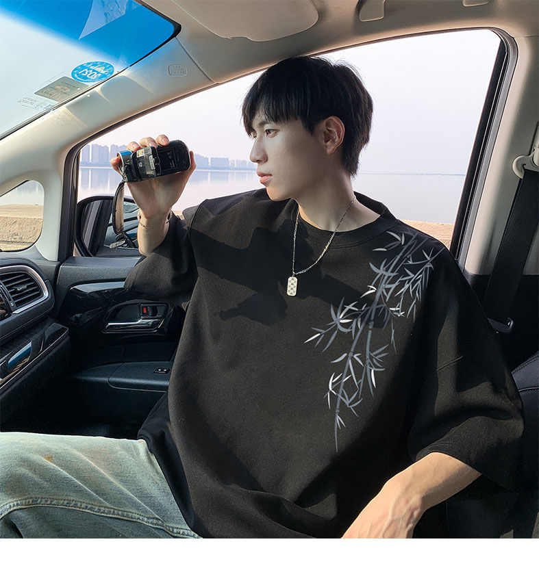 Thumbnail: Men's Oversized Bamboo T-shirt Loose Printed Tops Cotton Tshirts Breathable Casu