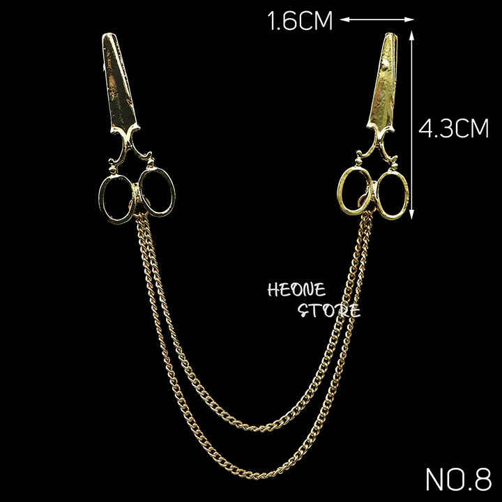 Thumbnail: Golden Men Women Tassel Chain Lapel Pin Brooch Wings Crown Sword Scissors Retro 