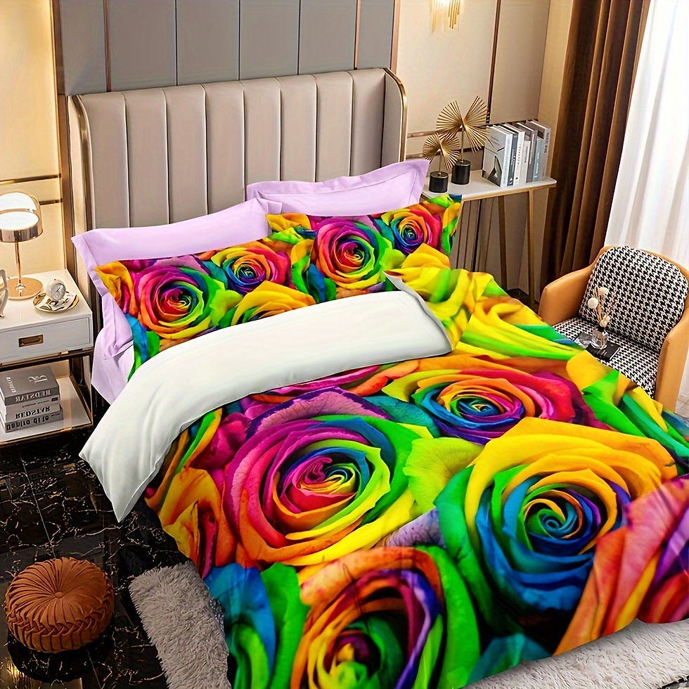 3-Piece Vibrant Rainbow Rose Floral Tie-Dye Bedding Set - Soft, Breathable, and