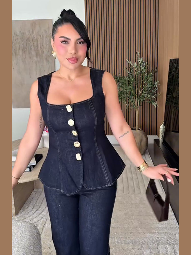 Thumbnail: Women Vintage Denim Top Pant Set Square Collar Single Breasted Tank High Waist J
