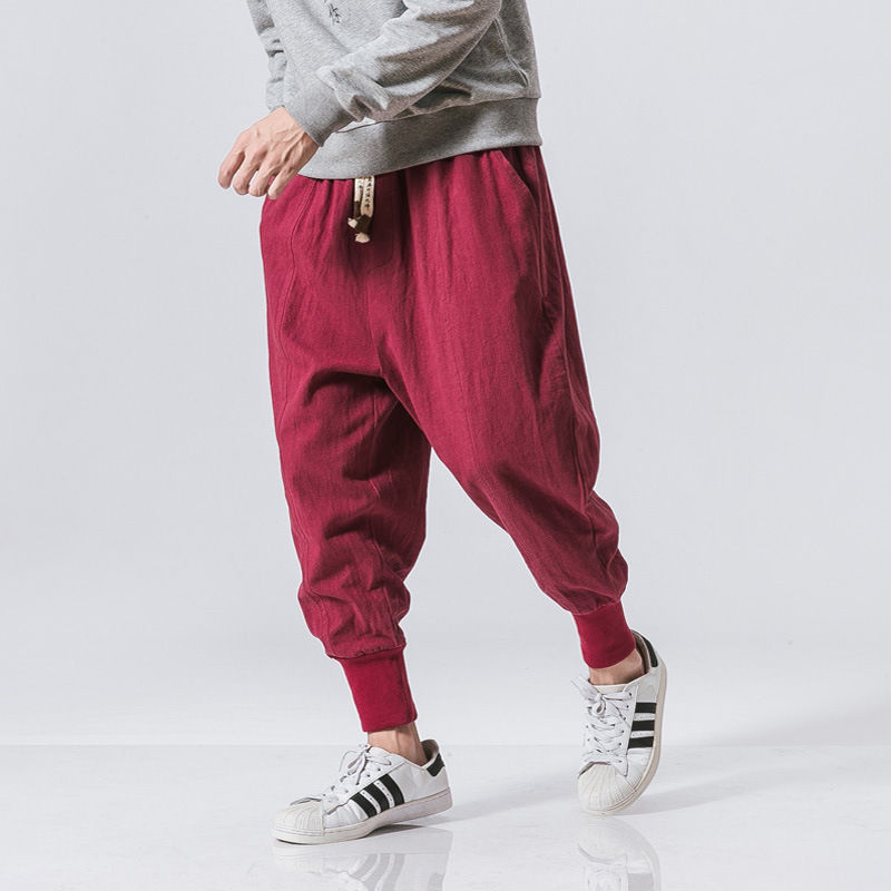 Thumbnail: Cotton Linen Harem Pants Men Solid Elastic Waist Streetwear Joggers 2024 New Bag