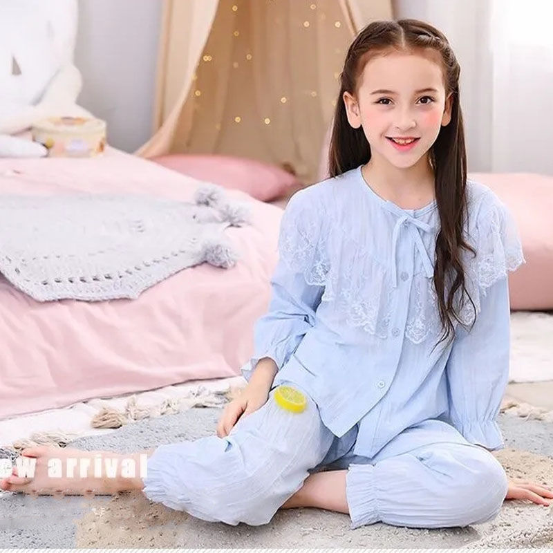 Thumbnail: Cotton Linen Breathable Girls' Pajamas Two Piece Suit Long Sleeve Trousers Pajam