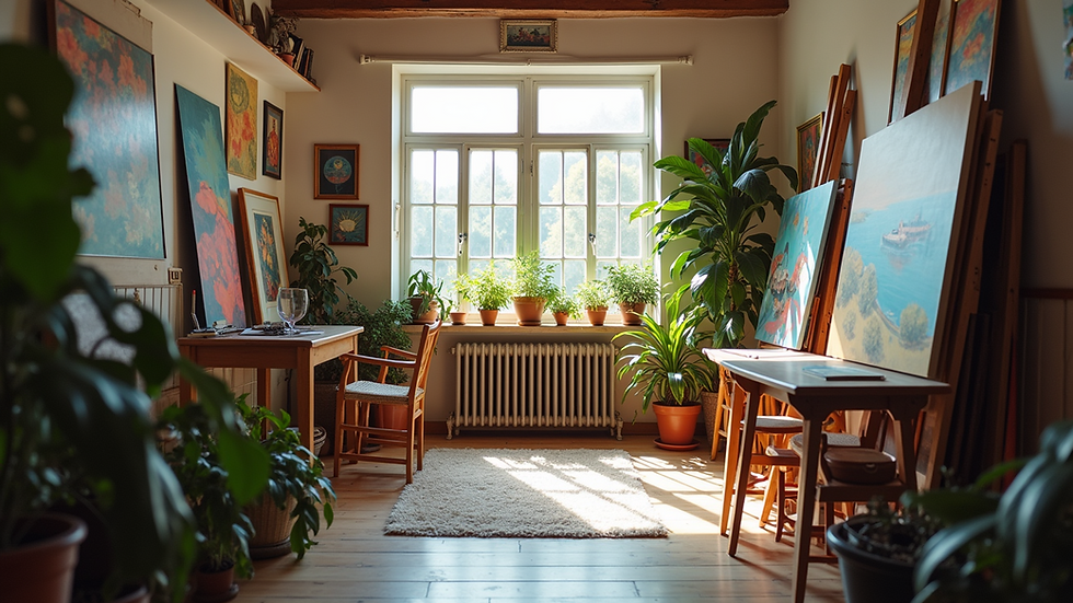 Eye-level view of a cozy art studio filled with colorful paintings