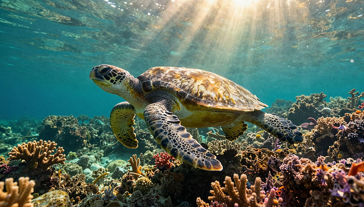 Turtle gently swimming above a coral reef