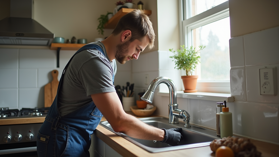 Eye-level view of a local handyman fixing a kitchen sink in a residential home