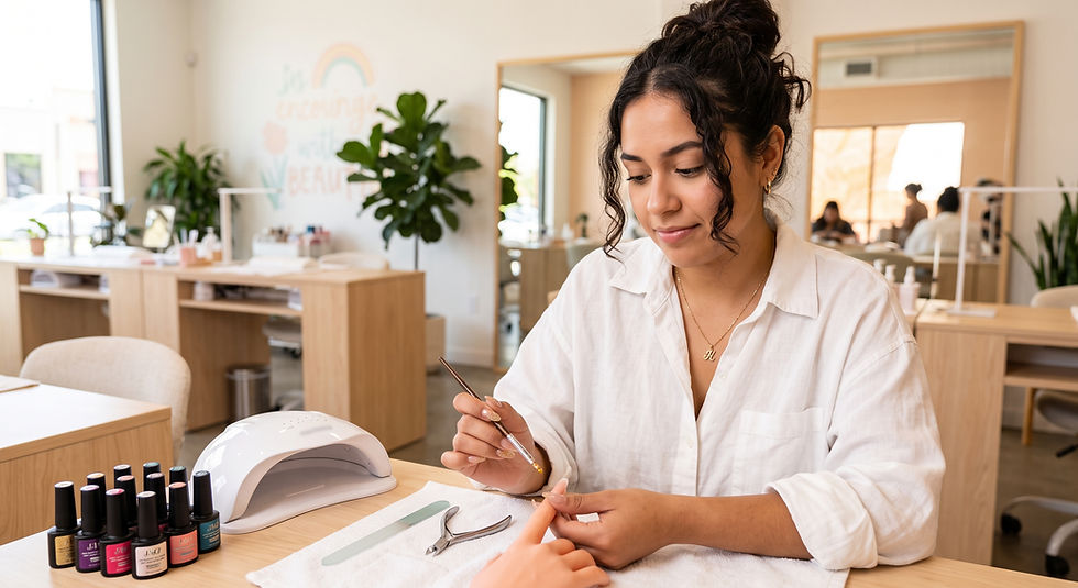 Mujer haciendo manicura en un salón luminoso, con esmaltes y lámpara UV, concentrada y en ambiente tranquilo.