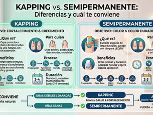 Infografía comparativa de uñas kapping vs semipermanente, con pasos, beneficios, duración y recomendaciones para cada tipo de uña