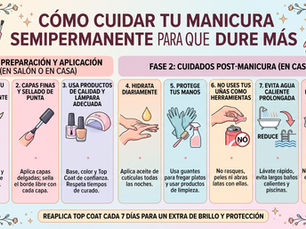 Infografía pastel sobre cómo cuidar la manicura semipermanente; manos, esmalte, guantes y uñas, con pasos y consejos.