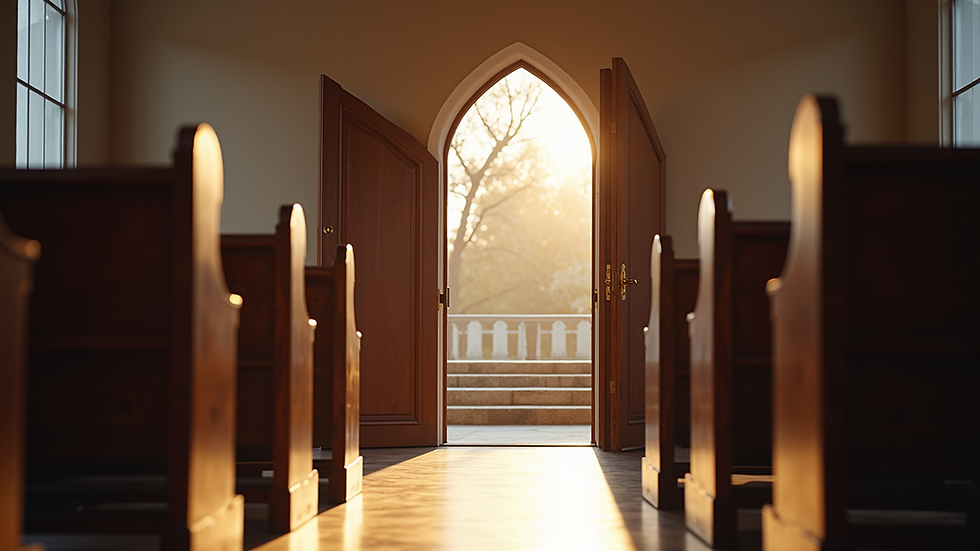 Eye-level view of a welcoming church entrance with open doors