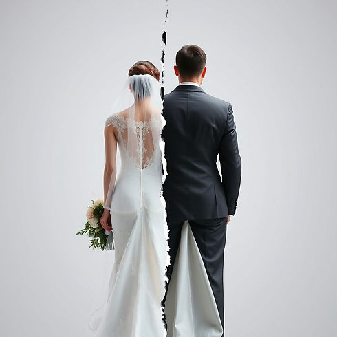 photo of a married couple from the back in their wedding attire,  torn down the middle, th