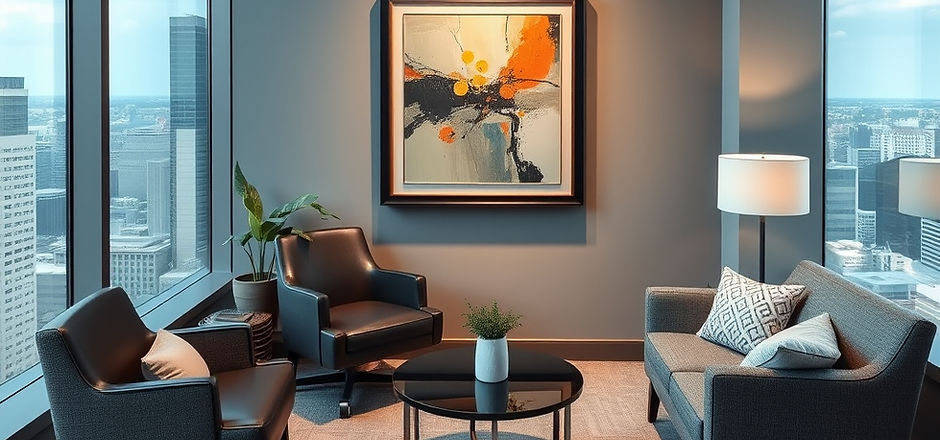 psychologist office in a high rise building in Atlanta, GA, with large windows and comfort