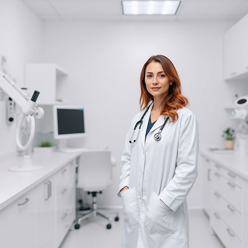 clean, white medical office with one female doctor in a white coat..jpg