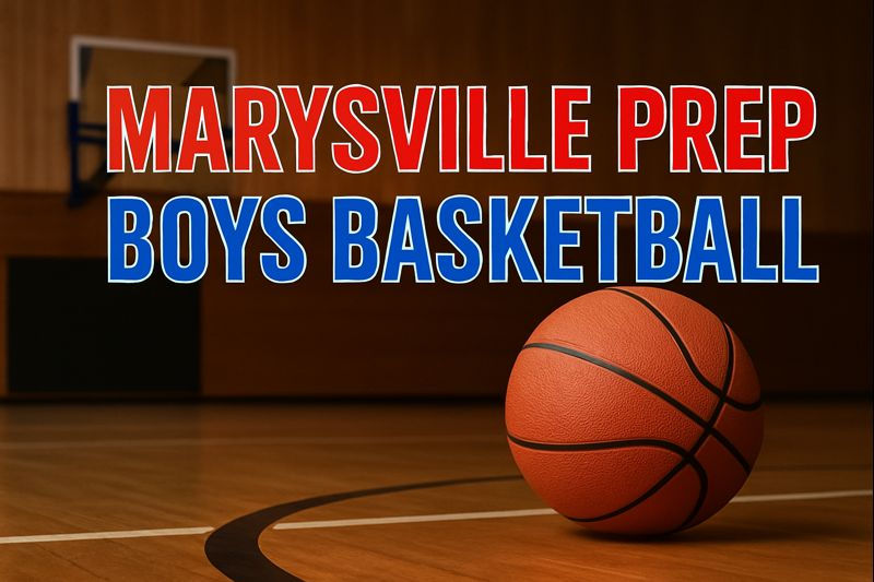Basketball on court with text "Marysville Prep Boys Basketball" in bold red and blue. Wooden background with a hoop in the distance.