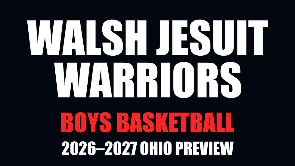 Walsh Jesuit Warriors boys basketball — 2026–2027 Ohio Preview. Sharp white and red text on a nearly black background.