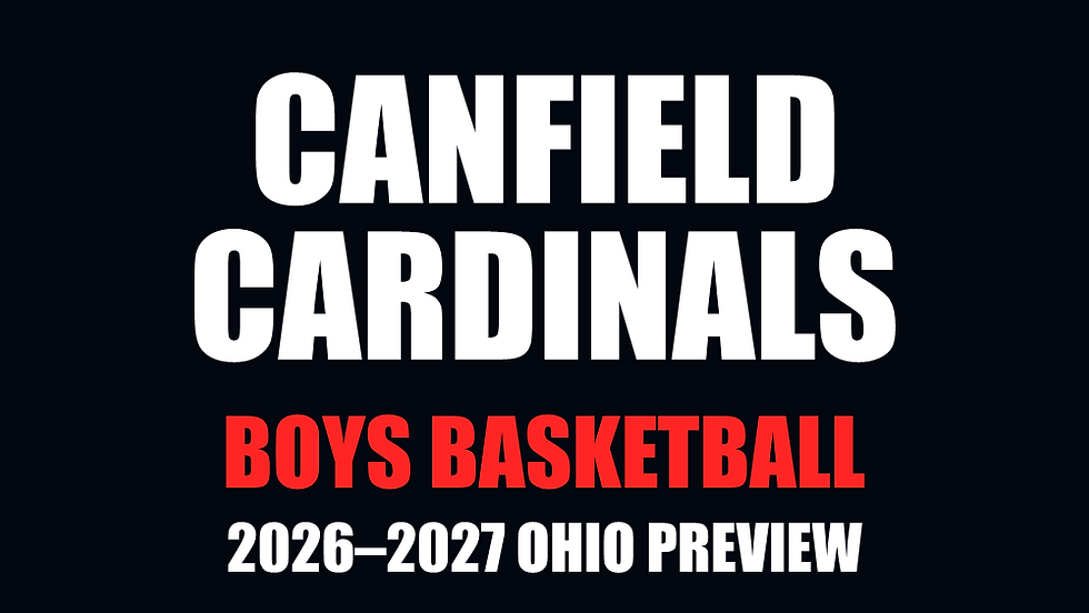 Canfield Cardinals boys basketball — 2026–2027 Ohio Preview. Sharp white and red text on a nearly black background.