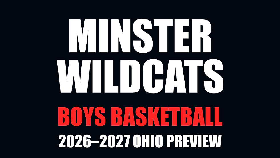 Minster Wildcats boys basketball — 2026–2027 Ohio Preview. Sharp white and red text on a nearly black background.