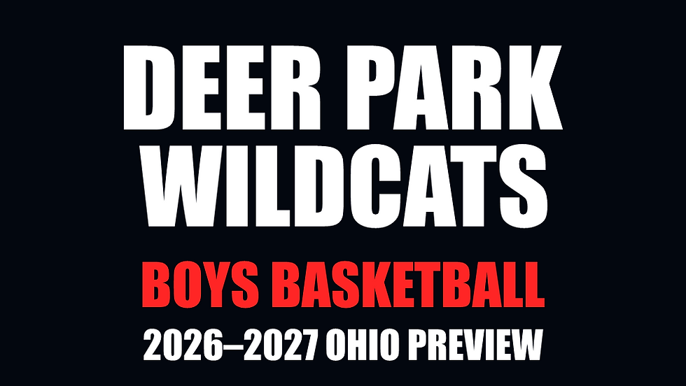 Deer Park Wildcats boys basketball — 2026–2027 Ohio Preview. Sharp white and red text on a nearly black background.
