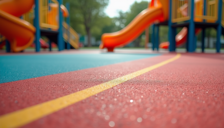 Eye-level view of colorful rubber playground flooring with safety markings
