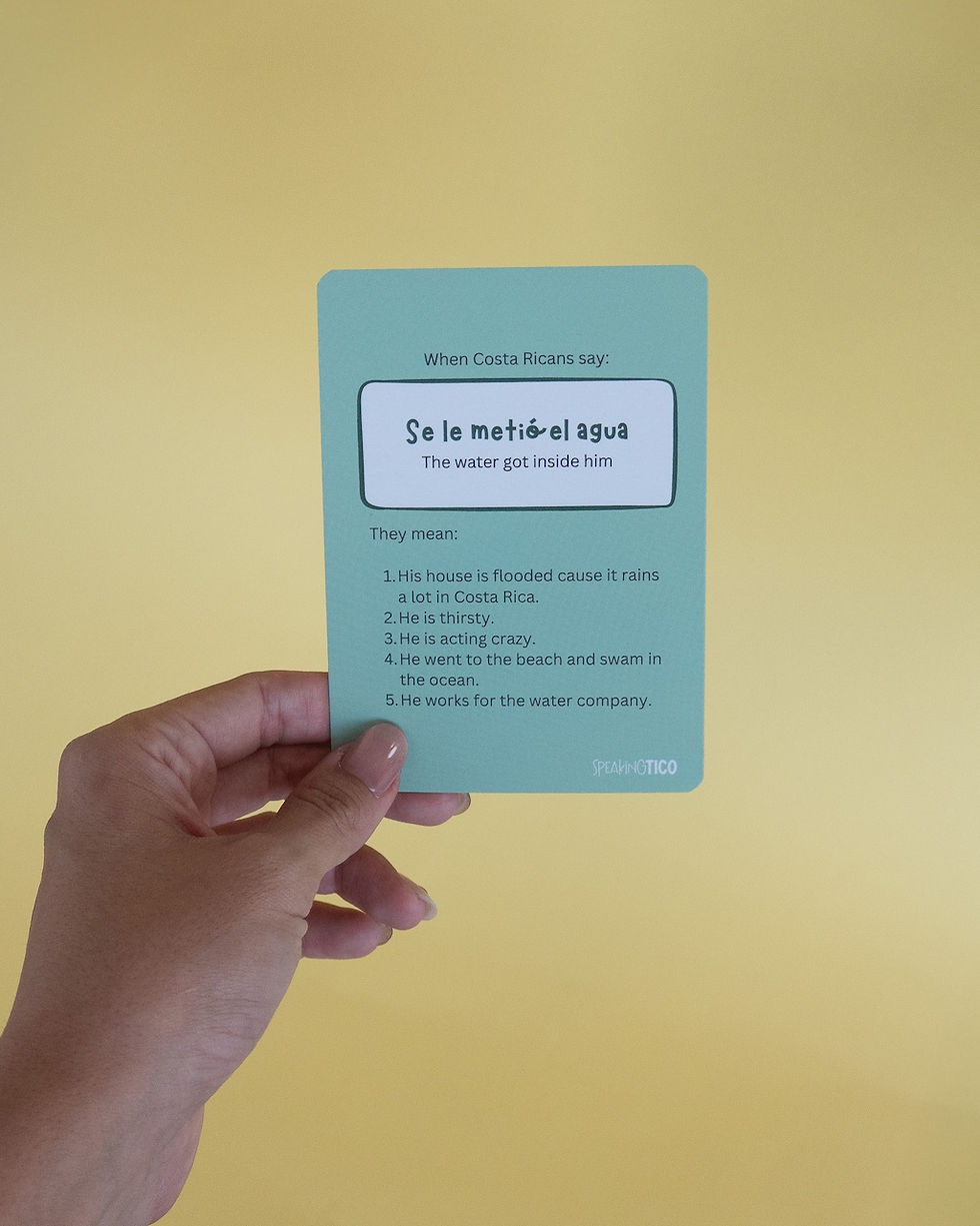 Miniatura: Carta del juego Speaking Tico con la palabra “Se le metió el agua” y su significado en inglés