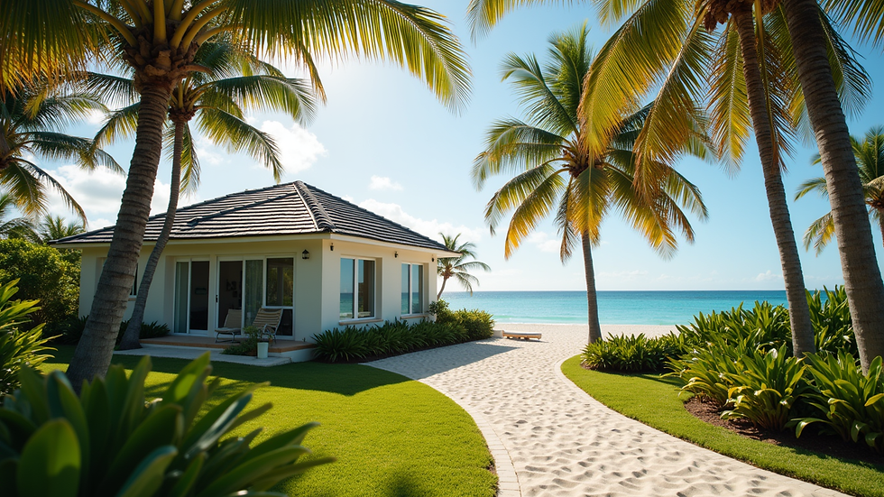 Eye-level view of a cozy beachfront bungalow surrounded by palm trees